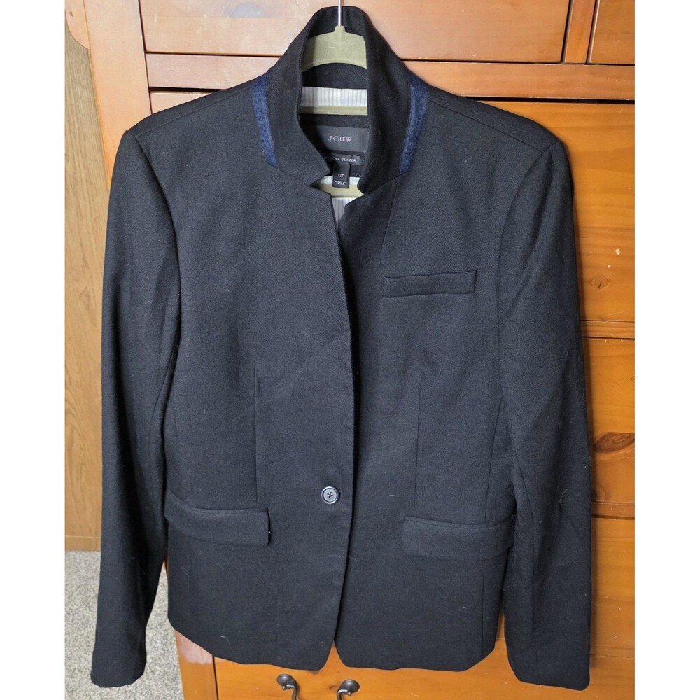 J.Crew Regent Blazer Size 12 Tall Black Blue Trim One Button Jacket Wool Blend